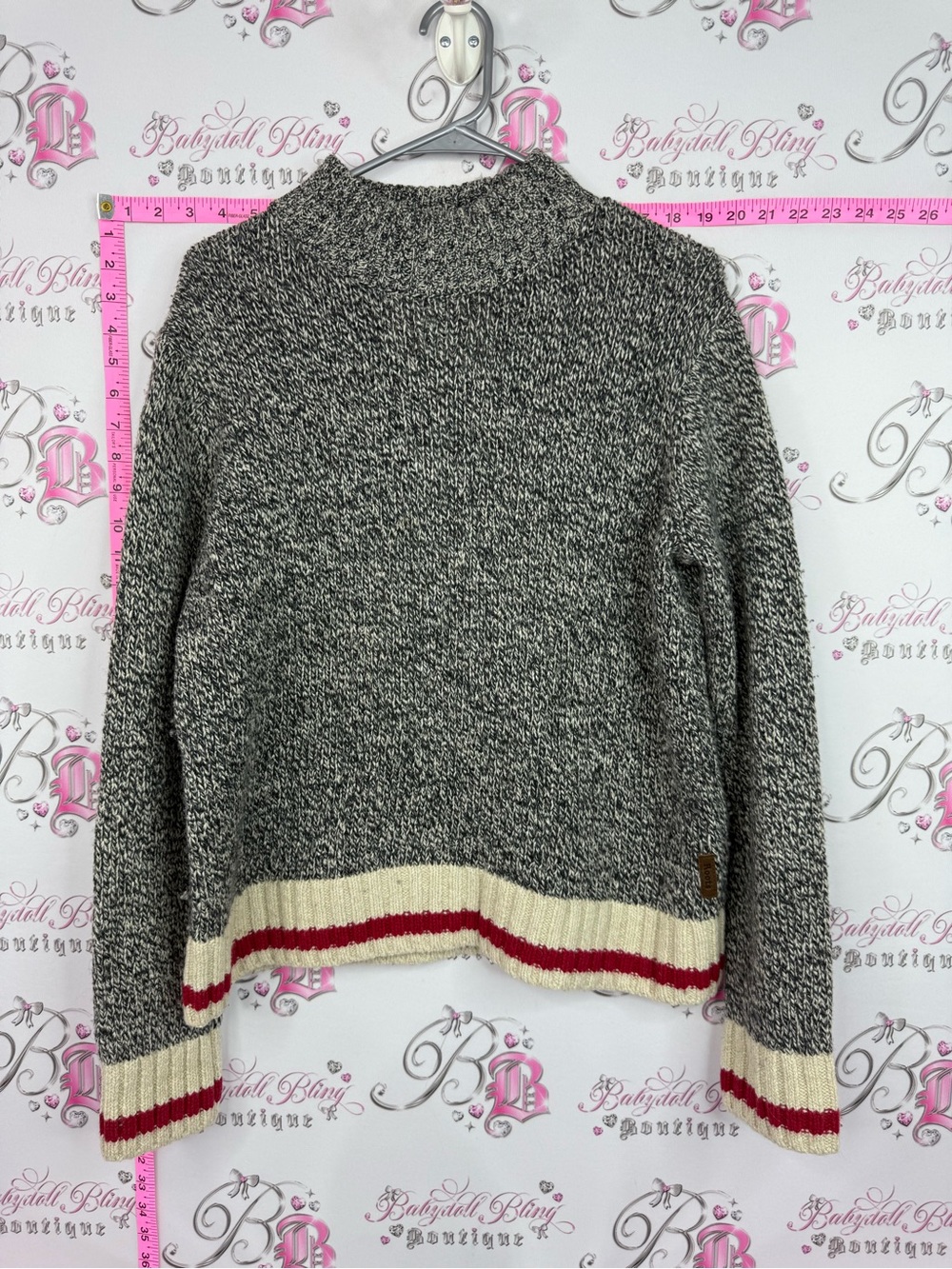 Roots cabin sweater Marled Gray Crewneck Sweater Contrast Stripe Hem wool knit